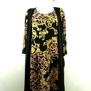 John Meyer Studio Leopard Gold Brocade Midi Dress Black Vest 2 Piece Small